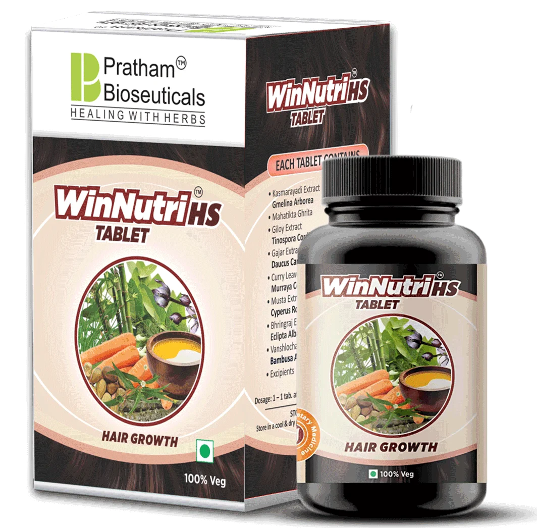 WinNutri HS TabletWinNutri HS Tablet is formulated to support hair follicle health and scalp physiology. The composition assists follicular circulation, keratin synthesis, and pigment stability. Botanical extracts support sebaceous balance and scalp barrier integrity. Active constituents assist reduction of hair fall associated with nutritional and metabolic factors. The tablet supports hair shaft strength, density, and texture. Consistent use contributes to scalp nourishment and hair vitality...